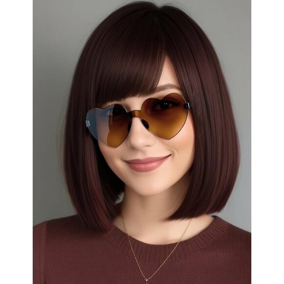 Women's Reddish Brown 12 Inch Costume Cosplay Party Short Bob Wigs And Sunglass - Picture 7 of 7
